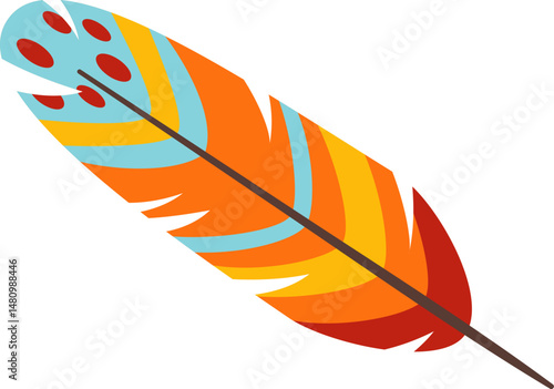 Colorful feather featuring red, orange, yellow, and light blue stripes, isolated on a white background, symbolizing lightness and freedom, perfect for boho designs
