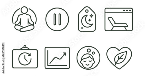 Line style icons of time for self-care: personal time icon, self-care pause badge, rest reminder tag, break window file, reset time board, relaxation chart, rejuvenation bubble, wellness symbol.