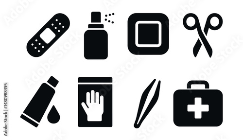 Solid style icons of first aid pharmacy kits: adhesive bandage, antiseptic spray, gauze pad, scissors, wound cream, gloves pack, tweezers, compact case.