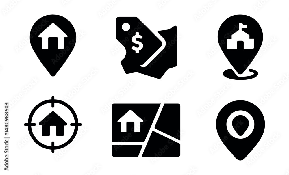 Solid style icons of real estate geolocation: house pin, price tag icon, area boundary, school zone, commute range, map listing, POI icon, property radius. Solid style icons of real estate geolocation: house pin, price tag icon, area boundary, school zone, commute range, map listing, POI icon, property radius.
