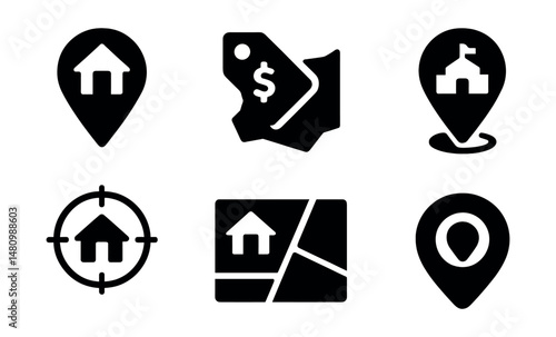 Solid style icons of real estate geolocation: house pin, price tag icon, area boundary, school zone, commute range, map listing, POI icon, property radius.