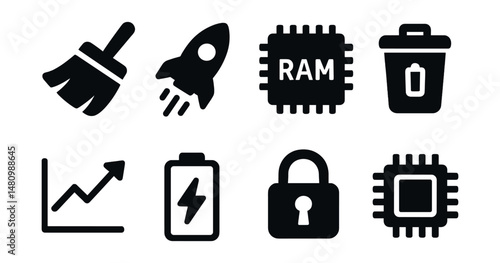 Solid style icons of mobile utilities UX: cleaner tool, booster icon, RAM checker, junk file icon, performance graph, battery saver, app lock, CPU monitor.
