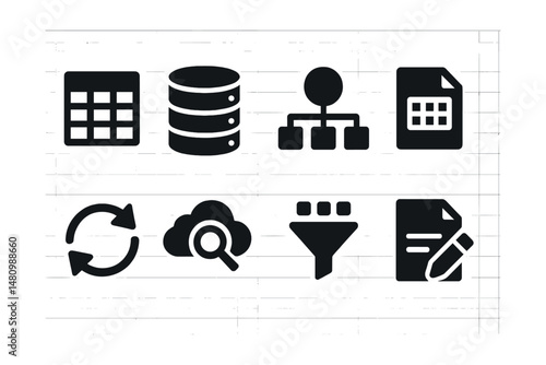 Solid style icons of data management: table icon, database server, schema view, CSV file, data sync, cloud query, row filter, field editor.