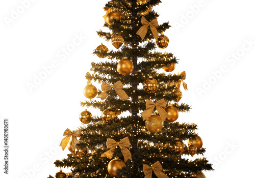 Decorated christmas tree with golden ornaments isolated on transparent background