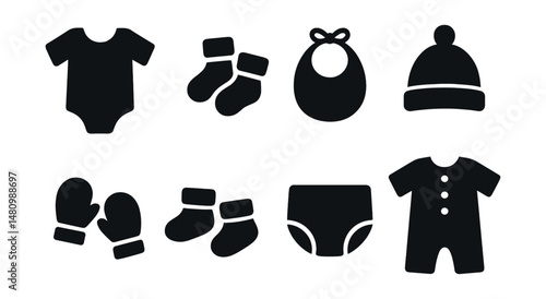 Solid style icons of baby clothing: onesie, baby socks, bib, baby hat, mittens, booties, diaper cover, romper.