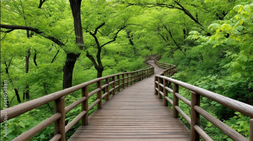 Obraz premium Forest Path, Wooden Walkway, Nature Trail, Greenery, Scenic Landscape