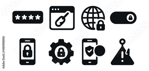 Solid style icons of digital safety tips: strong password, suspicious link, safe browsing, VPN toggle, device lock, privacy settings, 2FA icon, phishing alert.