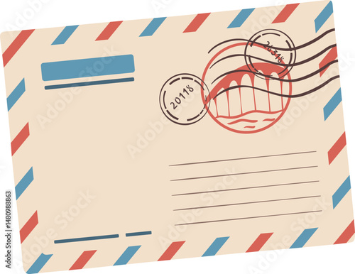 Beige vintage airmail envelope with red and blue edges, featuring a circular stamp of a bridge over water and various postmarks, evoking nostalgia for historical communication