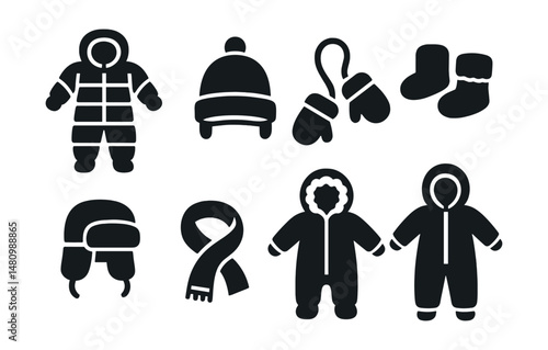 Solid style icons of baby winter wear: padded onesie, fleece hat, mittens with string, fur-lined booties, ear flap cap, baby scarf, sherpa suit, snowsuit.