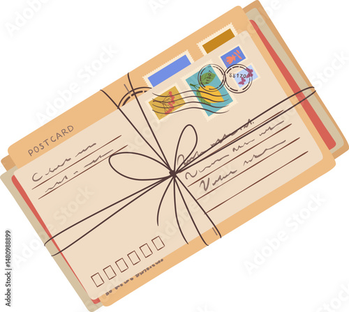 Bundle of old fashioned postcards and envelopes secured with string, adorned with various stamps and handwritten addresses, evokes a sense of nostalgia and traditional communication