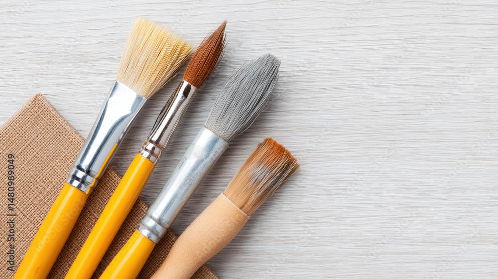 Fototapeta premium Art brushes resting on a light wood surface beside a paper notepad