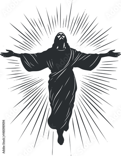 Silhouette of Jesus Christ with outstretched arms surrounded by radiant light rays symbolizing resurrection and divinity