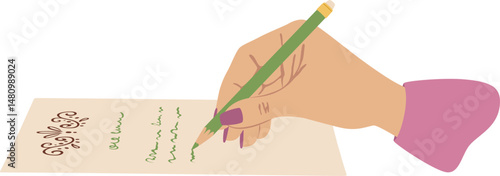 Woman using a green pencil to write notes on an elegant sheet of paper, embodying creativity and planning while engaging in journaling or organizing thoughts and ideas