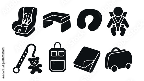 Solid style icons of travel accessories for kids: car seat cover, travel tray, neck pillow, airplane harness, toy strap, seat organizer, travel blanket, ride-on suitcase.