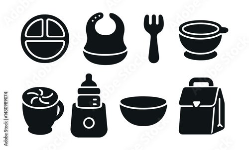Solid style icons of feeding accessories: divided plate, silicone bib, baby fork, suction bowl, snack cup, bottle warmer, food catcher, insulated lunch bag.