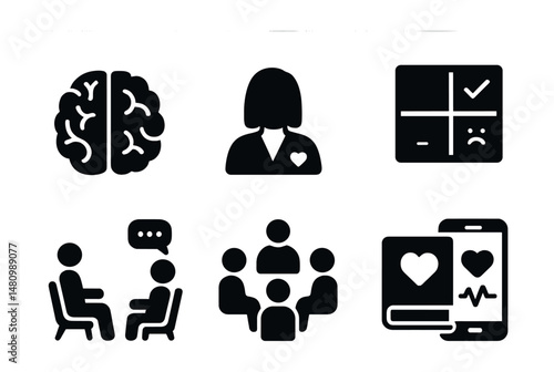 Solid style icons of mental health care: brain icon, therapy chair, psychologist, mood chart, counseling session, support group, self-help book, wellness tracker.