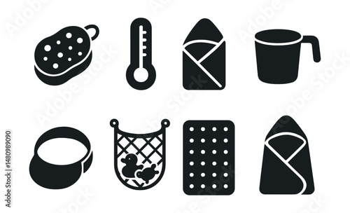 Solid style icons of bath accessories: bath sponge, water thermometer, baby towel, rinse cup, bath visor, bath toys net, anti-slip mat, hooded towel.
