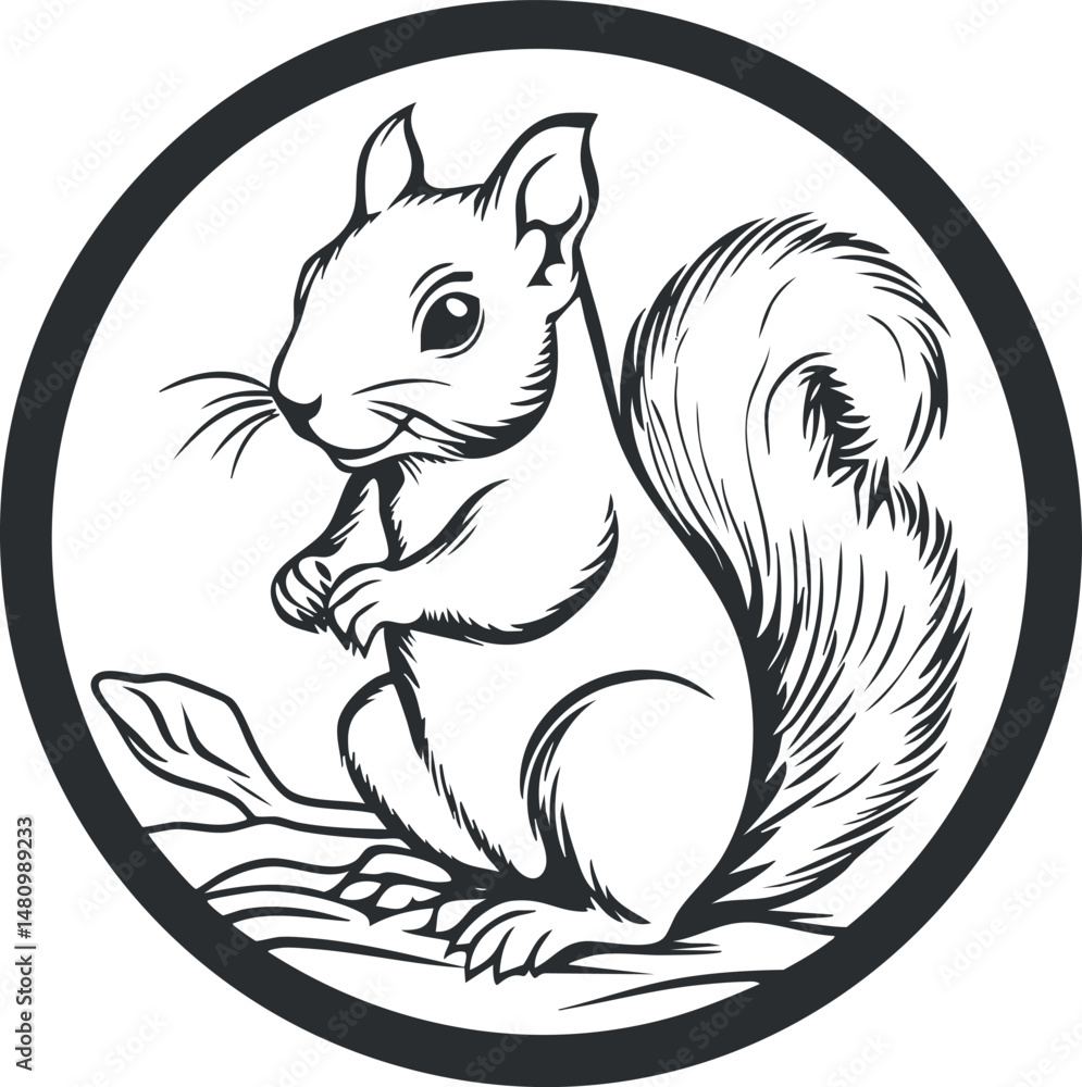 Fototapeta premium Black and white illustration of a squirrel sitting on a tree branch inside a circular frame