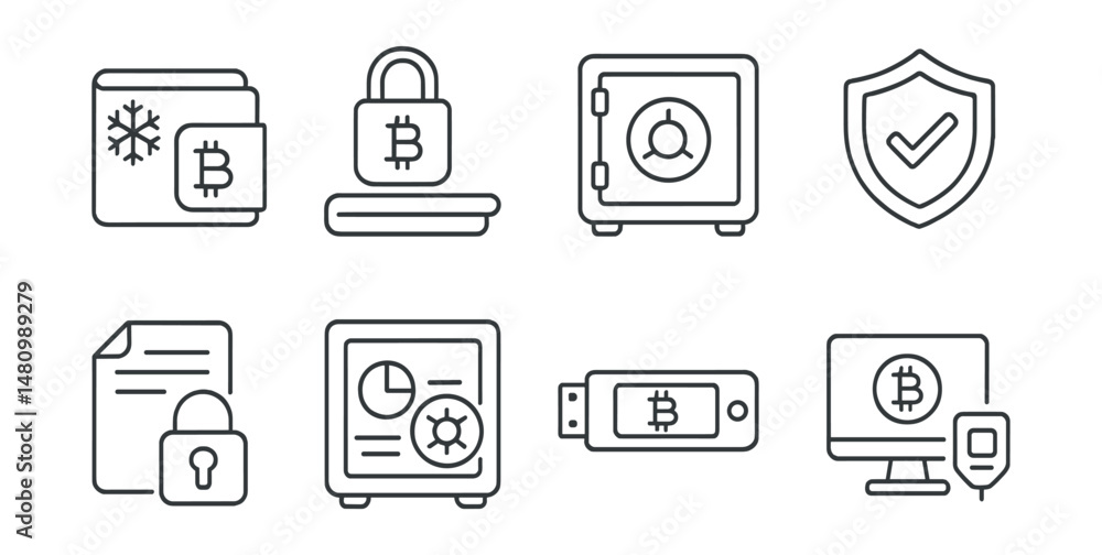 Line style icons of crypto investments: cold storage portfolio icon, offline asset protection, private key vault for investments, insured custody badge, emergency access backup plan, vault audit Line style icons of crypto investments: cold storage portfolio icon, offline asset protection, private key vault for investments, insured custody badge, emergency access backup plan, vault audit