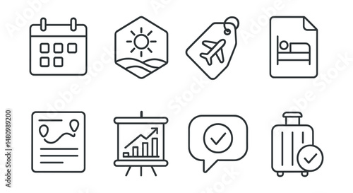 Line style icons of vacation planning: travel dates icon, destination badge, flight booking tag, hotel reservation file, itinerary board, travel plans chart, booking confirmation bubble, holiday