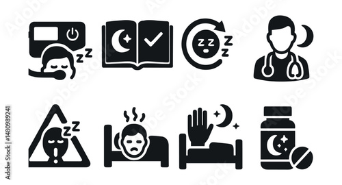Solid style icons of sleep medicine: CPAP machine, sleep log, sleep cycle, sleep doctor, apnea alert, insomnia icon, sleep hygiene, melatonin icon.