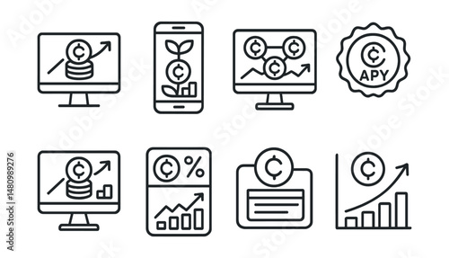 Line style icons of crypto investments: staking rewards monitor, DeFi yield farming tracker, liquidity pool returns dashboard, staking APY badge, farming APR monitor, passive income dashboard,