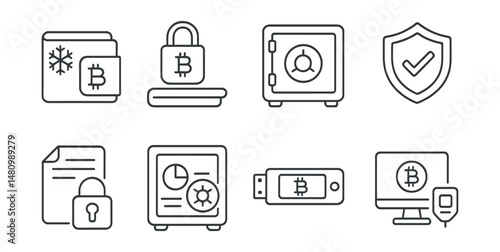 Line style icons of crypto investments: cold storage portfolio icon, offline asset protection, private key vault for investments, insured custody badge, emergency access backup plan, vault audit