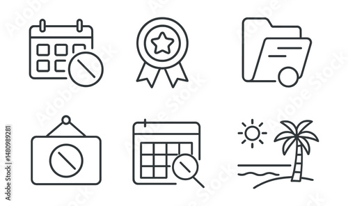 Line style icons of mandatory off days: weekly off icon, rest day badge, public holiday tag, non-working file, company shutdown board, designated day chart, off-duty bubble, holiday symbol.