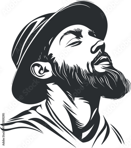 Black and white vector illustration of a bearded man wearing a hat looking relaxed with closed eyes in profile