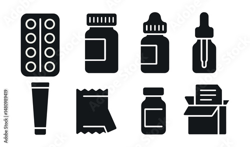 Solid style icons of pharmaceutical packaging: blister pack, pill bottle, childproof cap, dropper bottle, cream tube, sachet packet, glass vial, box with leaflet.