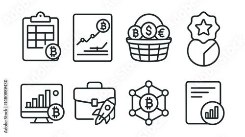 Line style icons of crypto investments: crypto ETF portfolio, index fund tracker, basket of assets icon, weighted index badge, market cap index tracker, thematic investment portfolio, decentralized