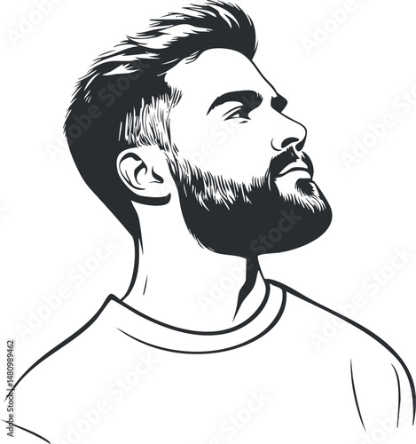 Black and white vector illustration of a young bearded man in profile looking upward with confident expression.