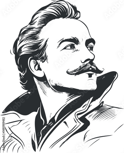 Black and white vintage style portrait of a confident man with a mustache and stylish coat looking sideways.