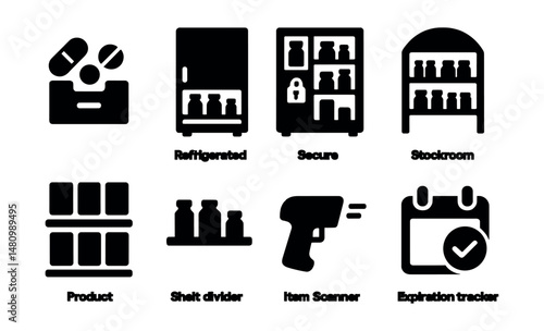 Solid style icons of pharmacy storage: medication drawer, refrigerated unit, secure cabinet, stockroom icon, product organizer, shelf divider, item scanner, expiration tracker.