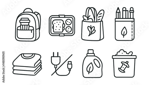 Line style icons of eco-friendly student habits: reusable cup in backpack, zero-waste lunch box, cloth grocery bag, refillable pen pouch, secondhand clothes stack, unplugged charger icon,