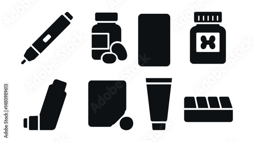 Solid style icons of chronic condition medication: insulin pen, blood pressure pills, cholesterol meds, thyroid tablets, asthma inhaler, antidepressants, arthritis gel, daily dose box.