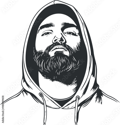 Black and white stylized portrait of a bearded man wearing a hoodie with a confident expression.