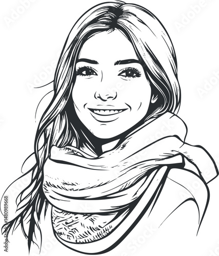 Black and white line drawing of a young smiling woman wearing a scarf in a casual style