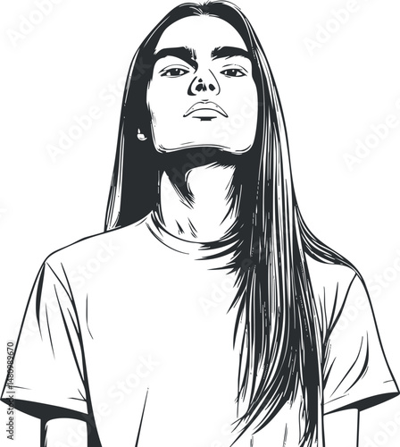 Black and white illustration of a confident young woman with long hair wearing a tshirt looking upwards.