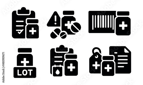 Solid style icons of pharmacy inventory management: stock count, reorder alert, backorder icon, product barcode, lot number, expiry list, supplier tag, stock report.