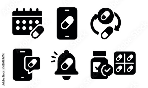 Solid style icons of refill reminders and tools: pill calendar, daily pill tracker, auto-refill icon, refill request form, text reminder, next dose alert, refill status, pill planner.