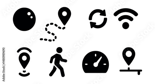 Solid style icons of real-time tracking: live dot, tracking path, update refresh, signal strength, active beacon, moving icon, speed tracker, estimated arrival.