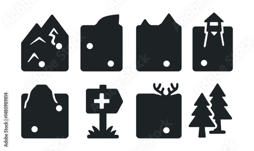 Solid style icons of hiking and adventure maps: mountain trail, nature reserve, water source, lookout point, climbing zone, trail difficulty, wildlife area, forest icon.