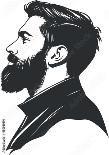 Black and white stylized illustration of a bearded man in profile with modern haircut and mustache