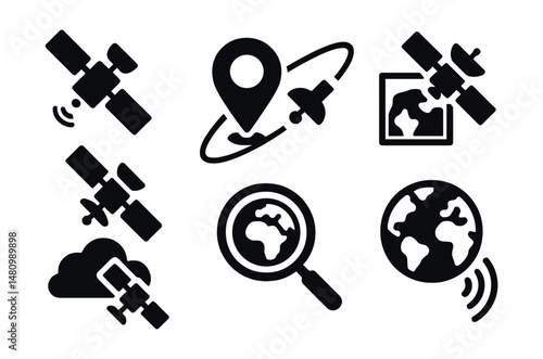 Solid style icons of satellite geolocation tools: satellite icon, orbit path, geo marker, imaging tool, cloud layer, remote sensing icon, earth scan, satellite signal.