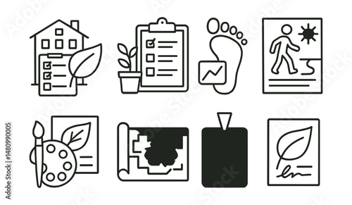 Line style icons of environmental student activism: green club logo, eco-awareness poster, clean-up group icon, upcycling workshop badge, repair cafe table, peer education flyer, action pledge board,