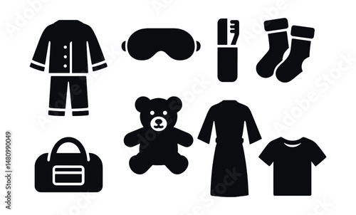 Solid style icons of sleepover outfit sets: pajama set, sleep mask, toothbrush case, fuzzy socks, overnight bag, stuffed toy, robe icon, bedtime shirt.