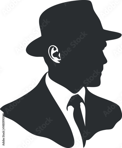 Silhouette profile of a man wearing a fedora hat and suit with tie in black and white style
