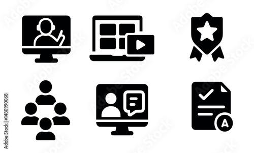 Solid style icons of virtual education: online tutor, course modules, video quiz, knowledge badge, peer group, webinar chat, screen share, exam result.