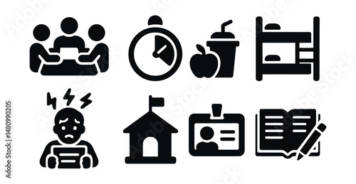Solid style icons of student life: group project, study timer, snack icon, dorm bed, test stress, school event, student ID, exam prep.
